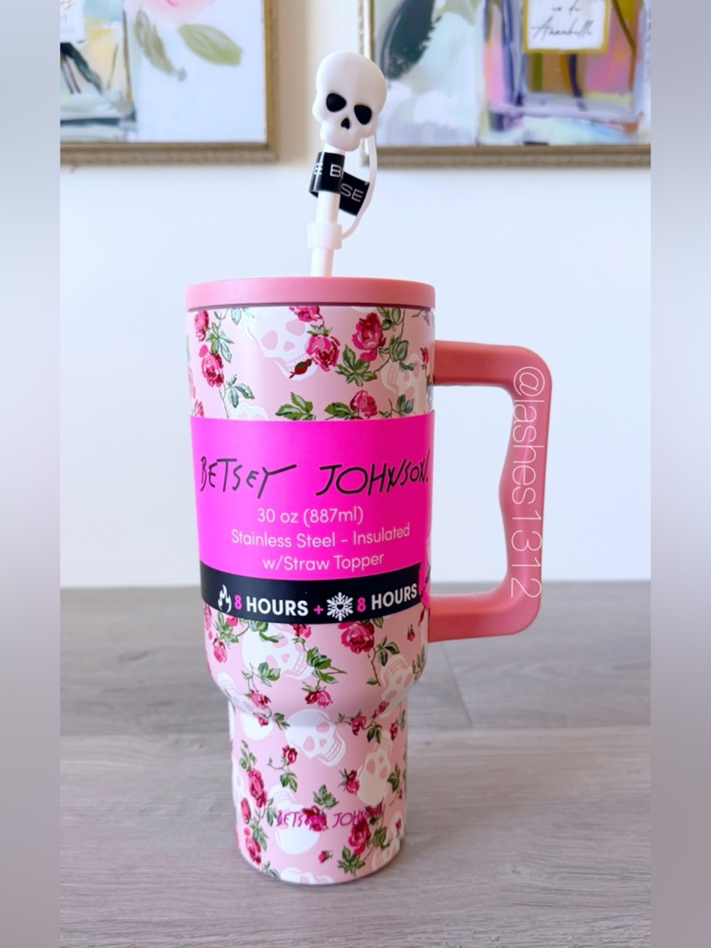BETSEY JOHNSON 30oz Insulated Stainless Steel Tumbler Pink w/ Skulls Floral Rose
